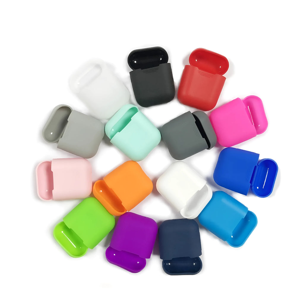 Soft silicone protective case for Bluetooth headphones in various colours on a grey background.