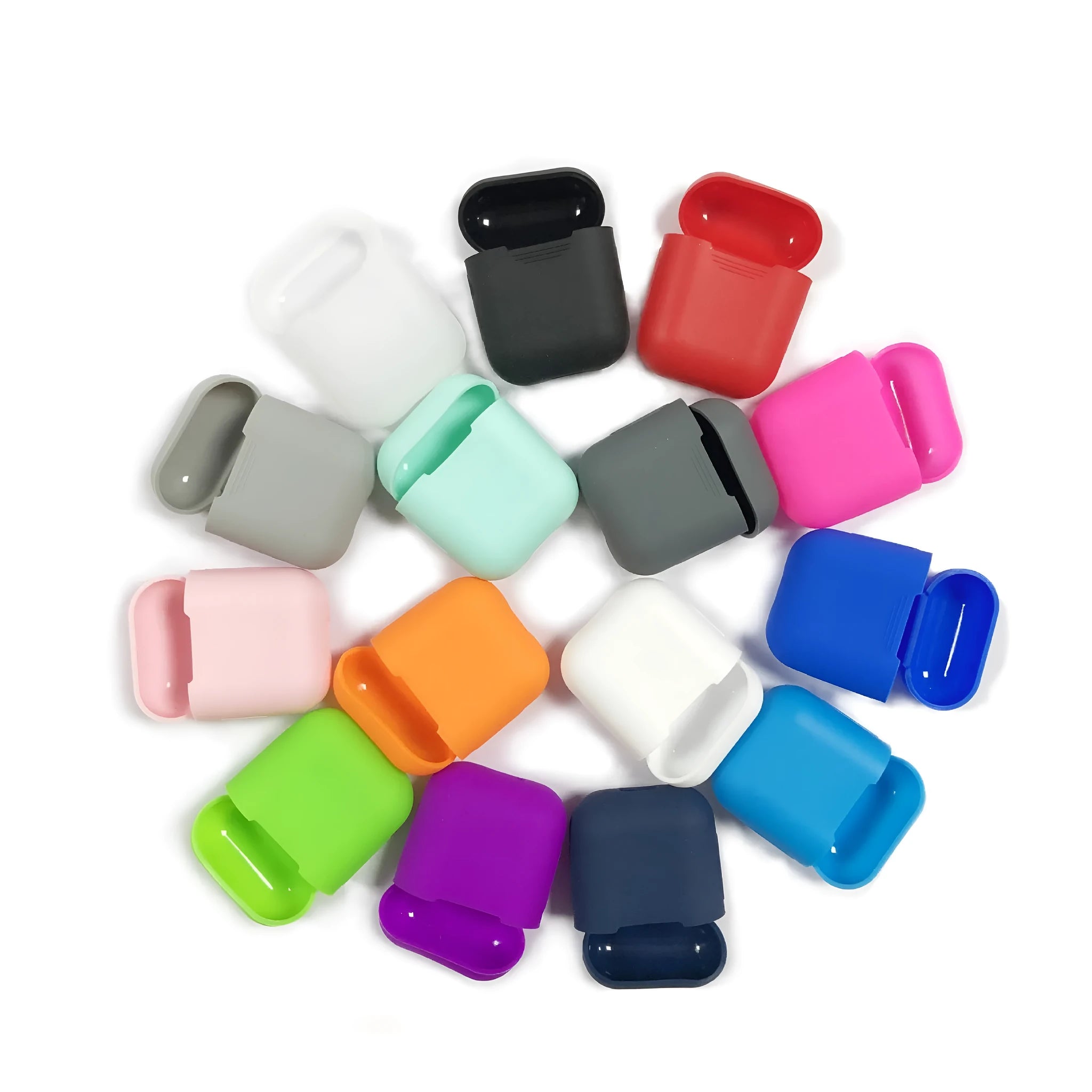 Soft silicone protective case for Bluetooth headphones in various colours on a grey background.
