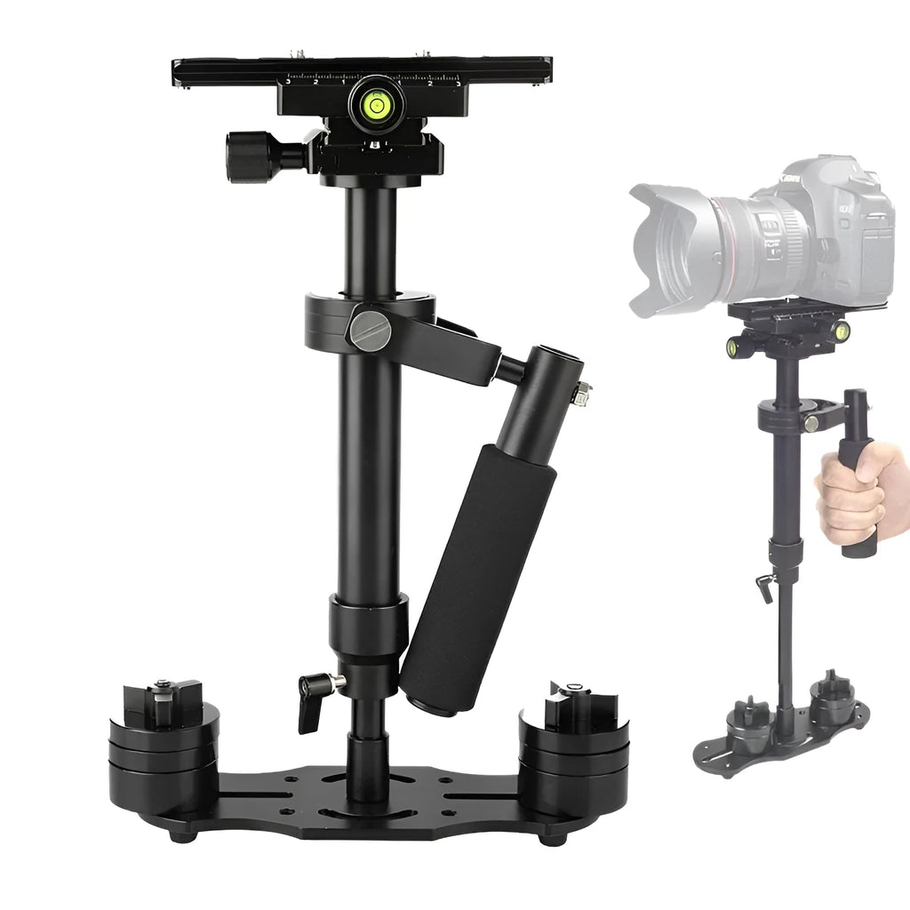 Black aluminium handheld camera stabiliser with adjustable height on a table.