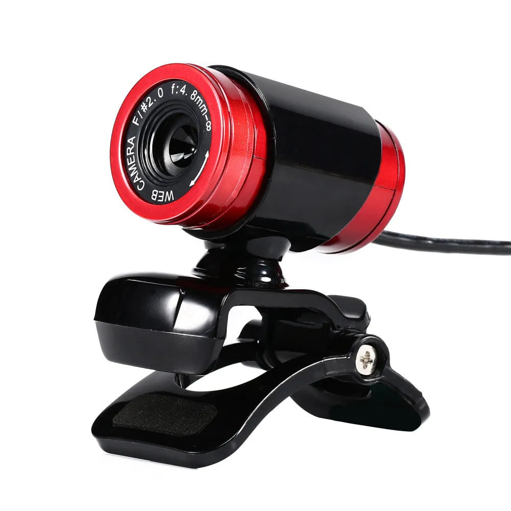 HD computer camera with 12.0M pixels, manual focus ring, and built-in microphone on a black stand