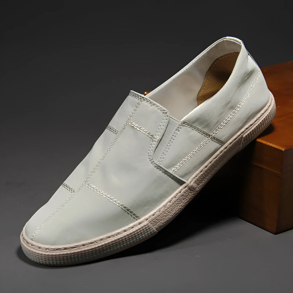 Men's slip-on canvas shoes in various colours showing round toe and low-top design