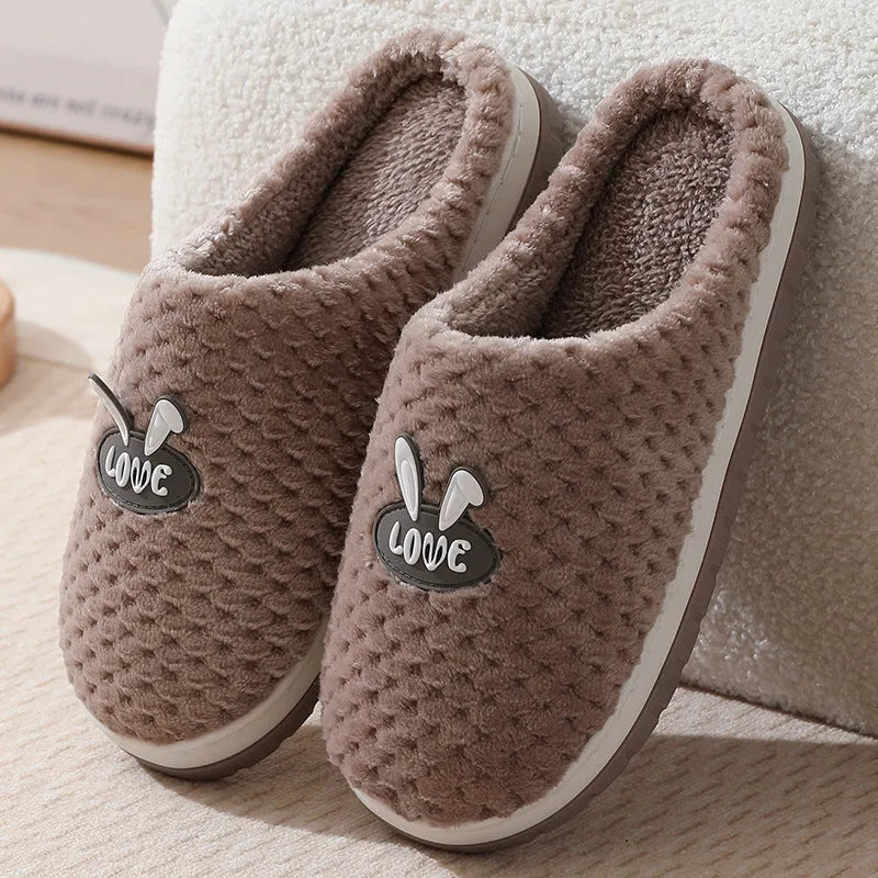 Women's apricot rabbit plaid design house slippers with thick sole and fur lining