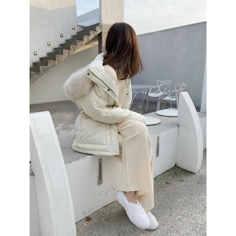 Women's high-waist knitted wide-leg trousers in cream white, floor-length design for winter wear