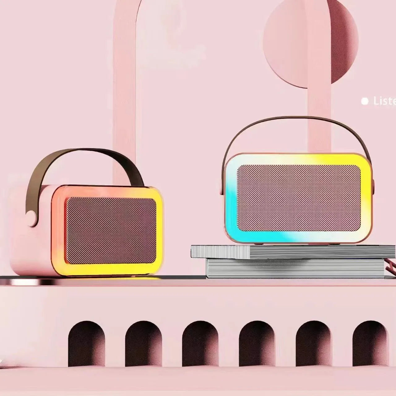 White, pink, and sky blue portable Bluetooth karaoke microphone speaker with coloured LED lights.