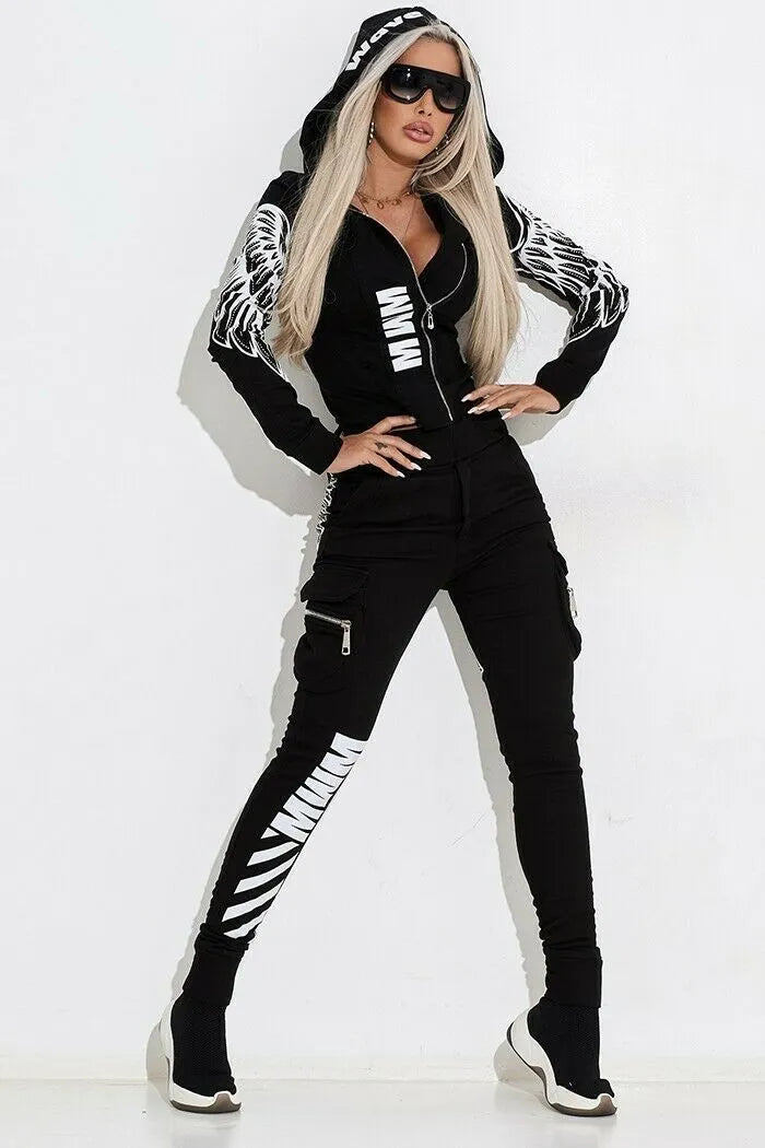Black women's printed hooded zip-up top and matching trousers street suit.