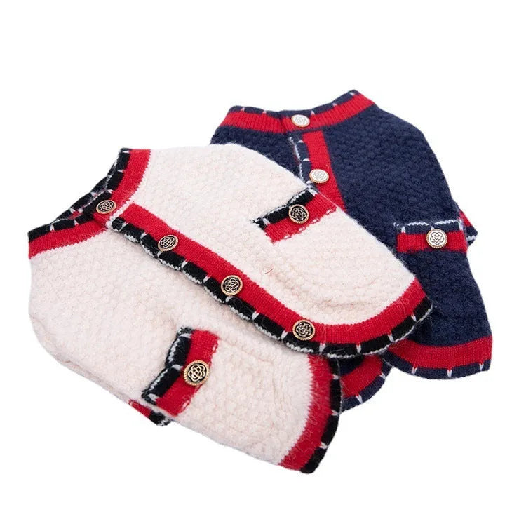 Blue knitted wool blend cardigan sweater for a dog, showing classic Bejirog style and cardigan opening.
