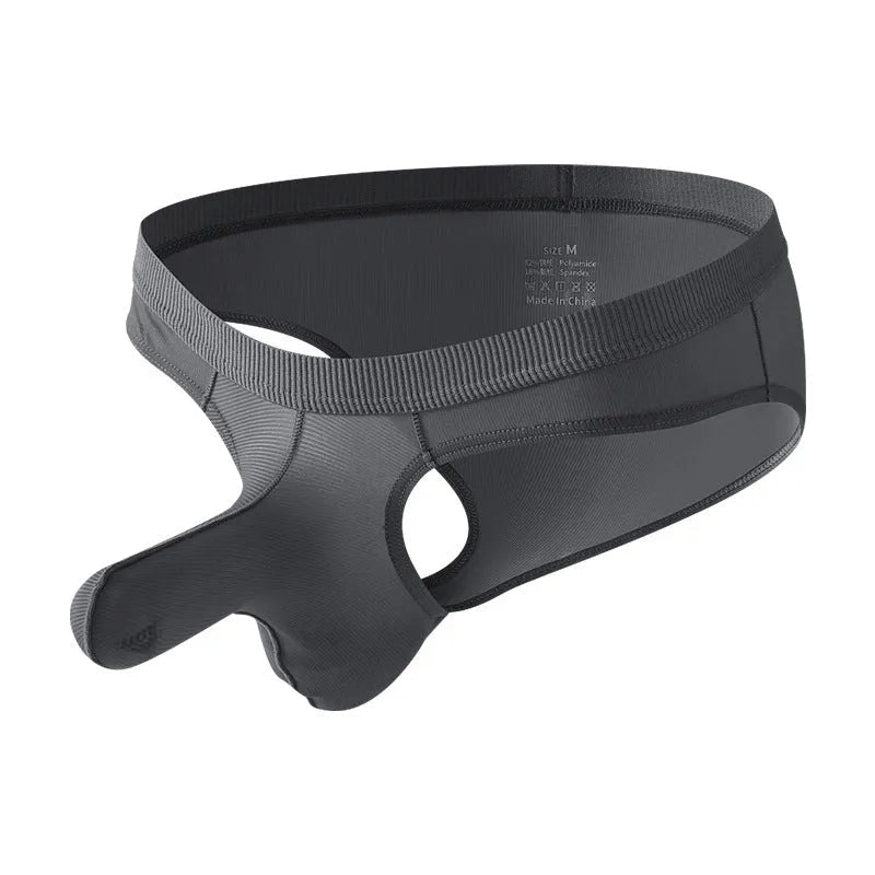Men's low waist briefs in ice silk nylon fabric shown in multiple colours including black, grey and purplish blue.