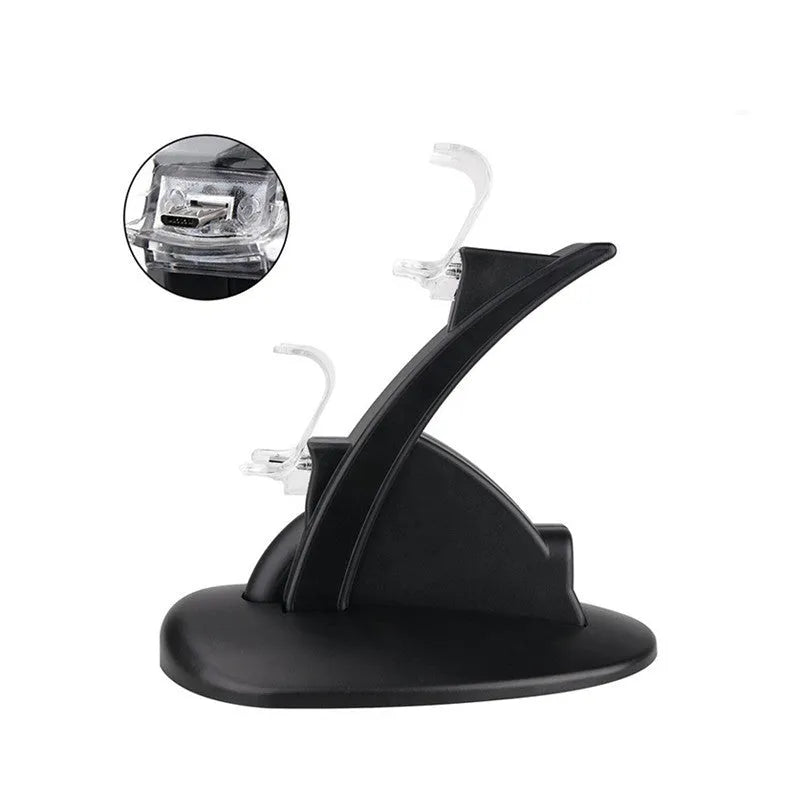 Black dual charging dock station for two Xbox One controllers, showing USB connection.