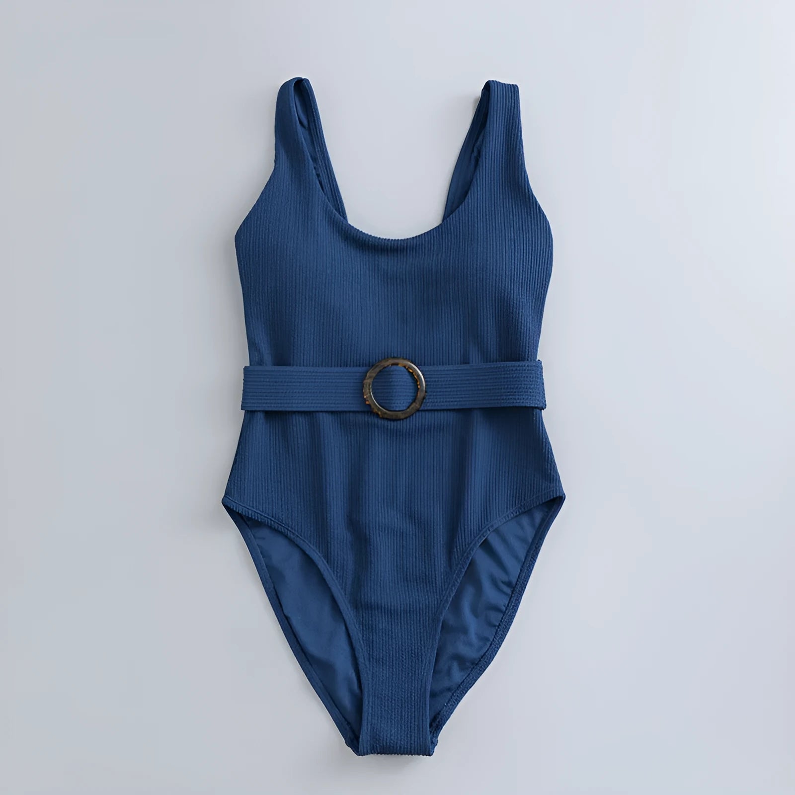 Navy blue women's one-piece swimsuit with triangle neckline and sleeveless design for swimming.