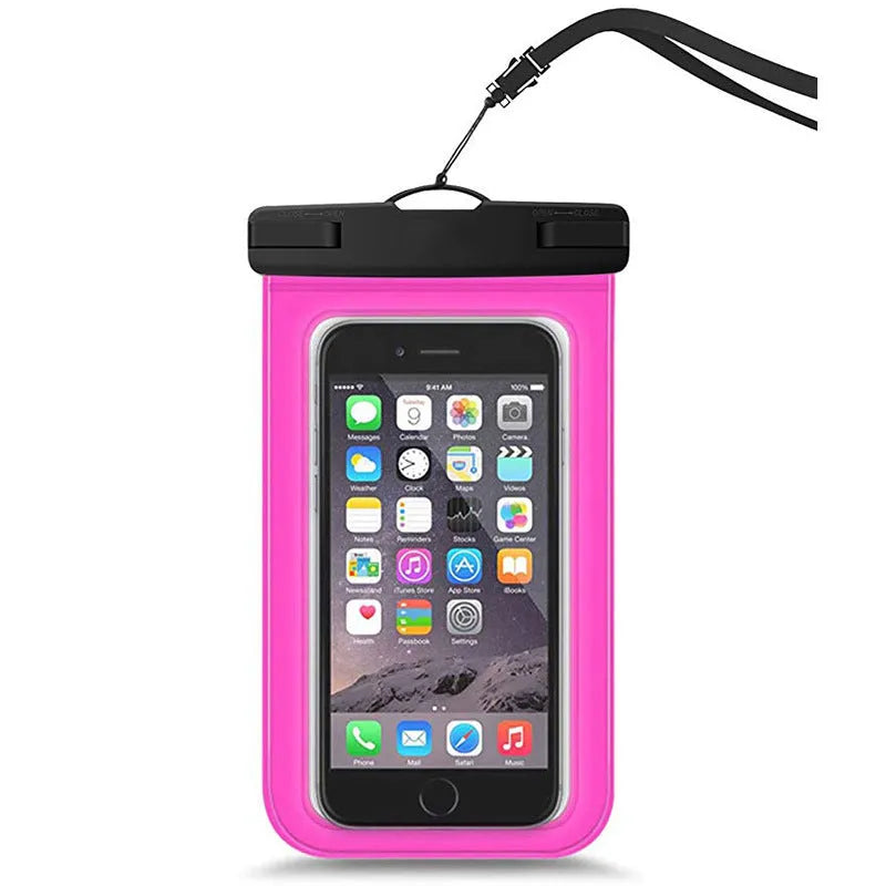 Waterproof mobile phone bag for diving and outdoor use, 21x10.7cm, fits 7-inch devices.