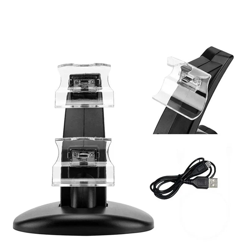 Black dual charging dock station for two Xbox One controllers, showing USB connection.