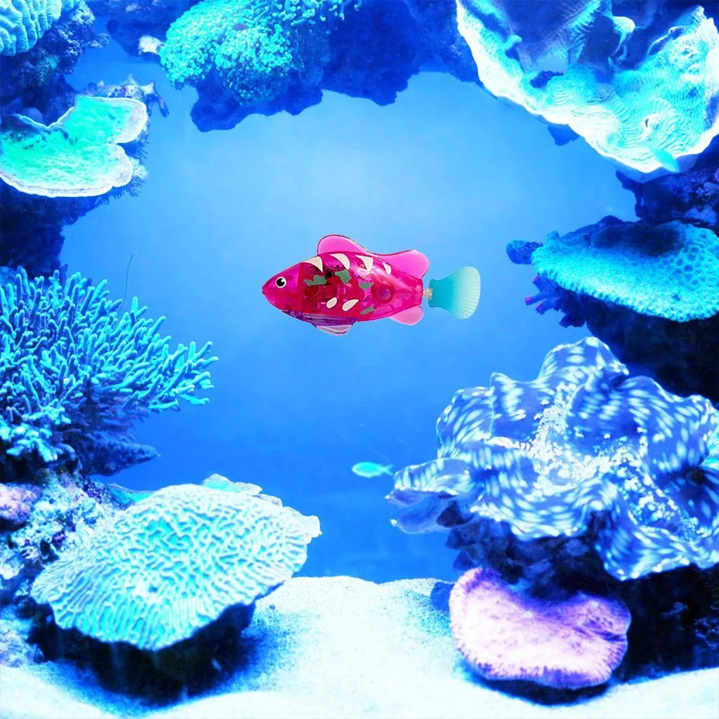 Electronic LED cat toy fish with swimming motion and light-up grass section