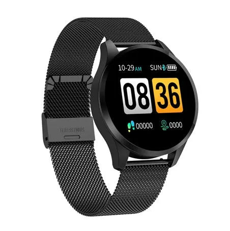 Round screen smart watch with 1.2 inch IPS colour display showing heart rate monitoring on a wrist
