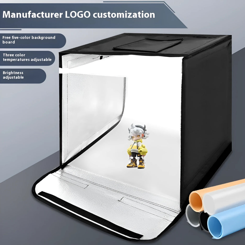 50cm studio small light box with metal frame and reflective cloth, showing folded LED light board and USB plug