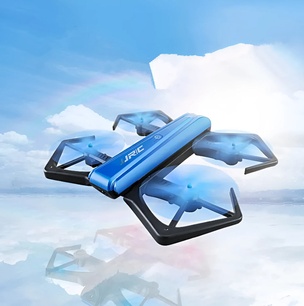 JJRC H43WH folding aerial UAV drone with black plastic body and four arms, showing compact folded shape