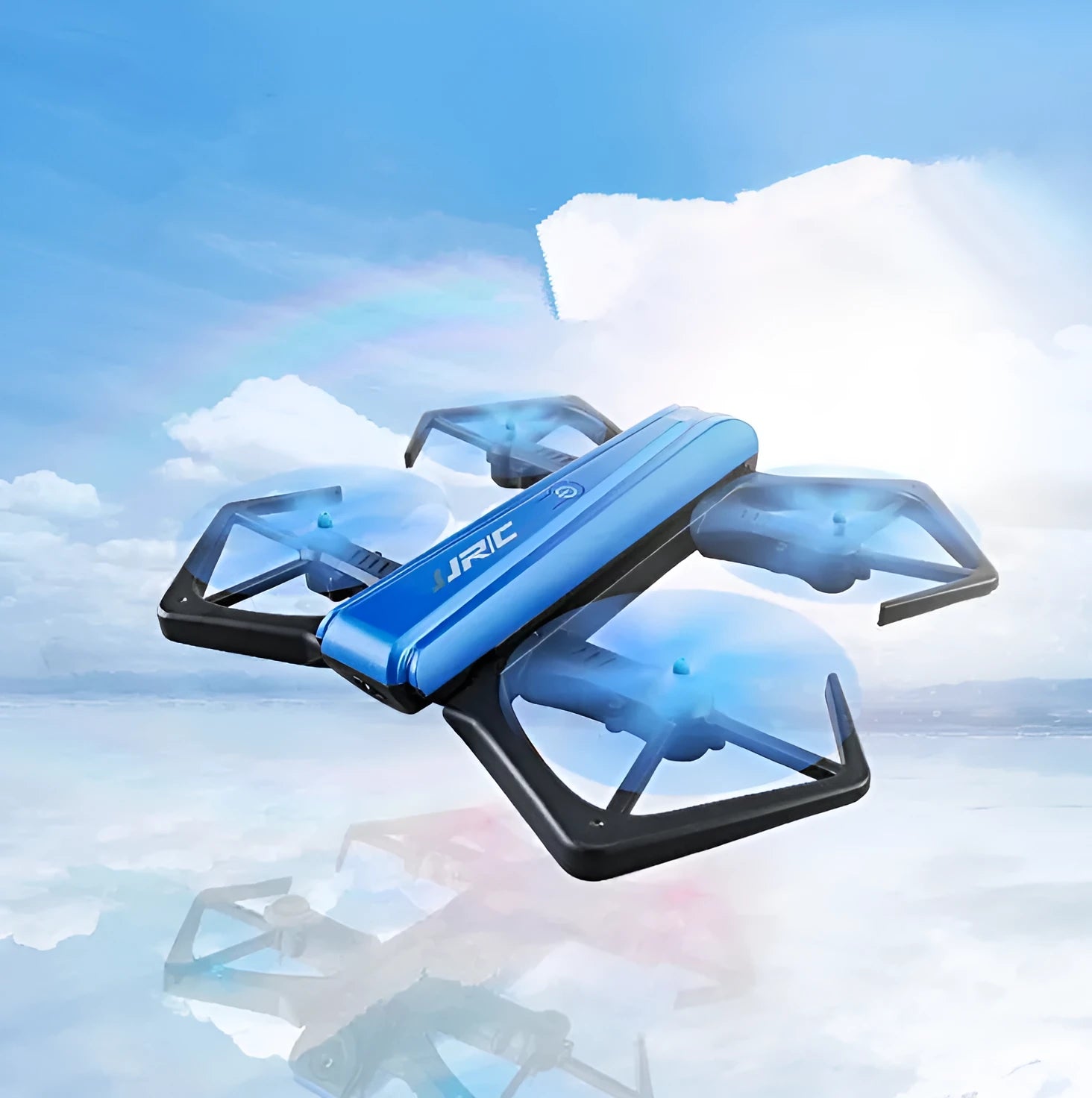 JJRC H43WH folding aerial UAV drone with black plastic body and four arms, showing compact folded shape