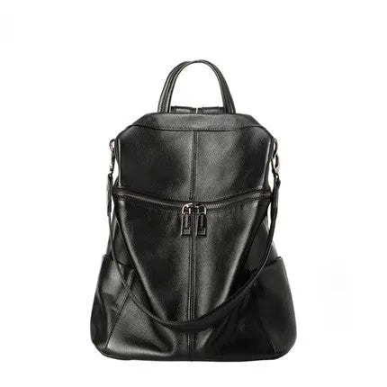 Brown genuine leather retro women's backpack with front pocket and adjustable straps.