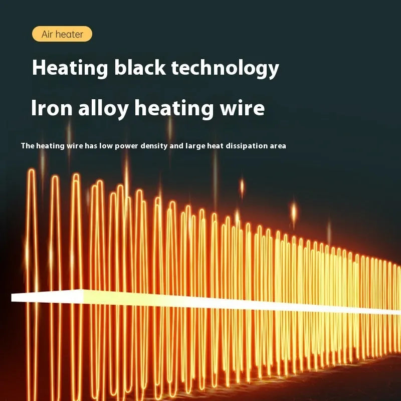 Compact white desktop electric heater with power settings and two-speed fan.