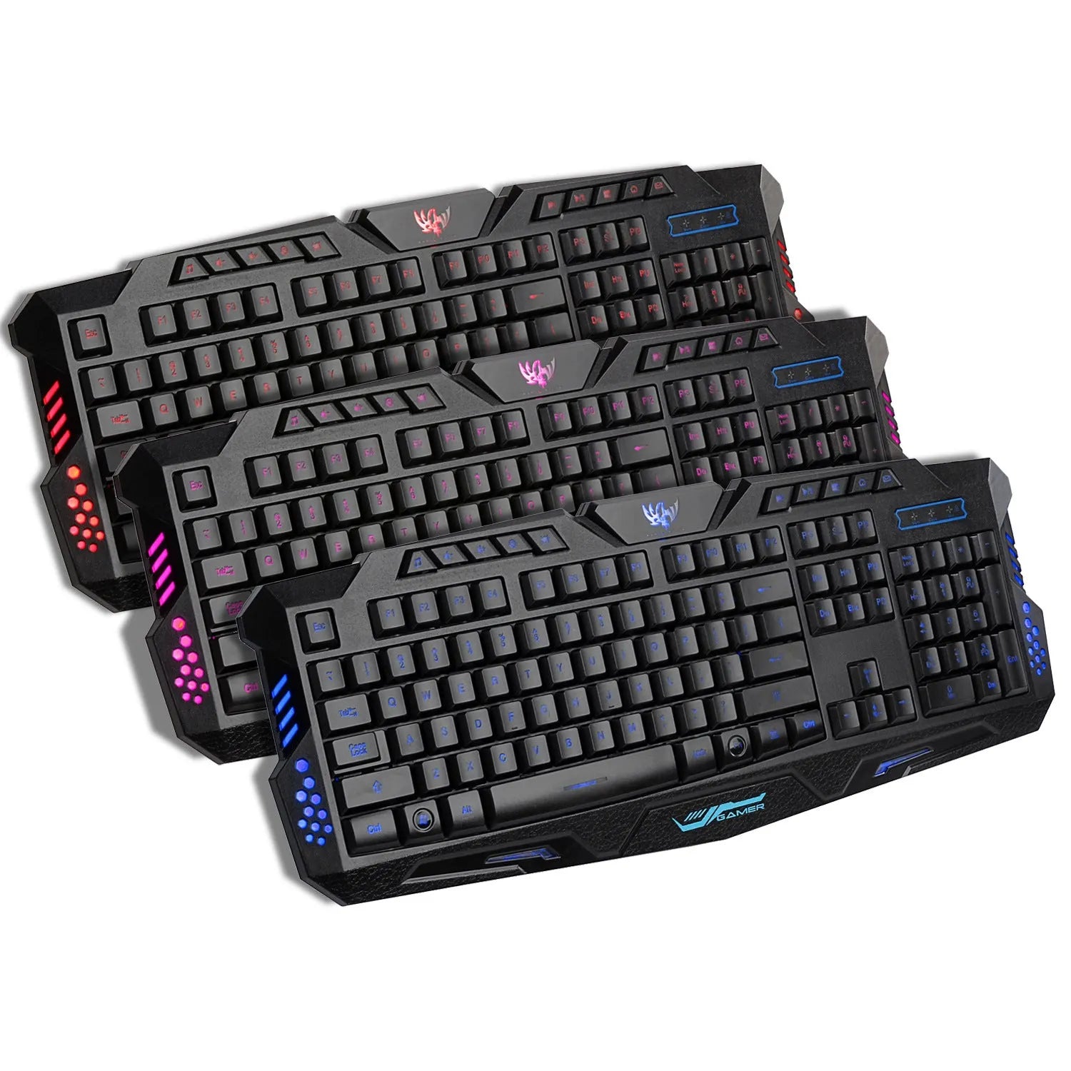 Black backlit game crack keyboard with red, purple, and blue adjustable lighting and anti-slip base