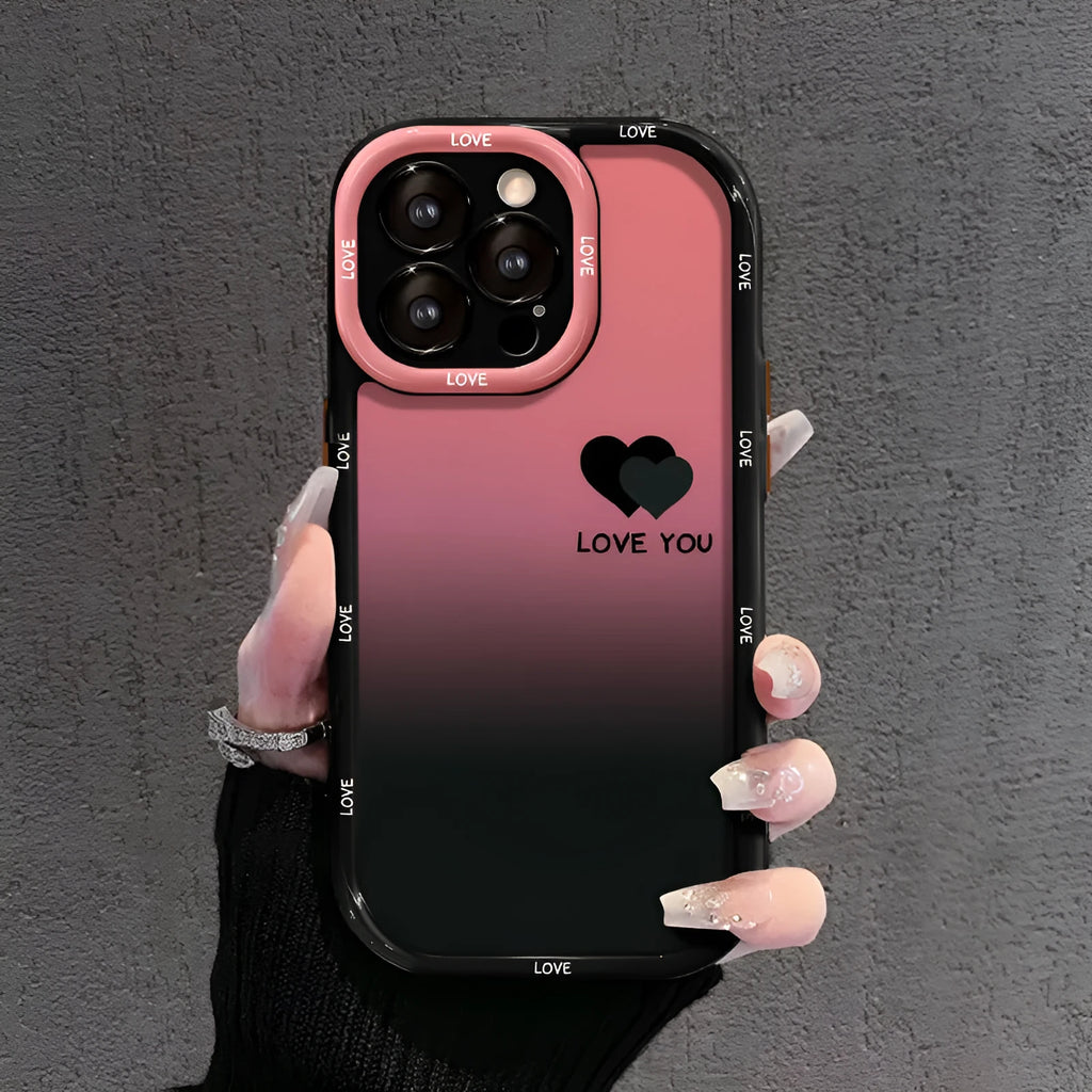 Acrylic hard shell iPhone case with fine hole pattern and a gradient love heart design on a cream and black background.