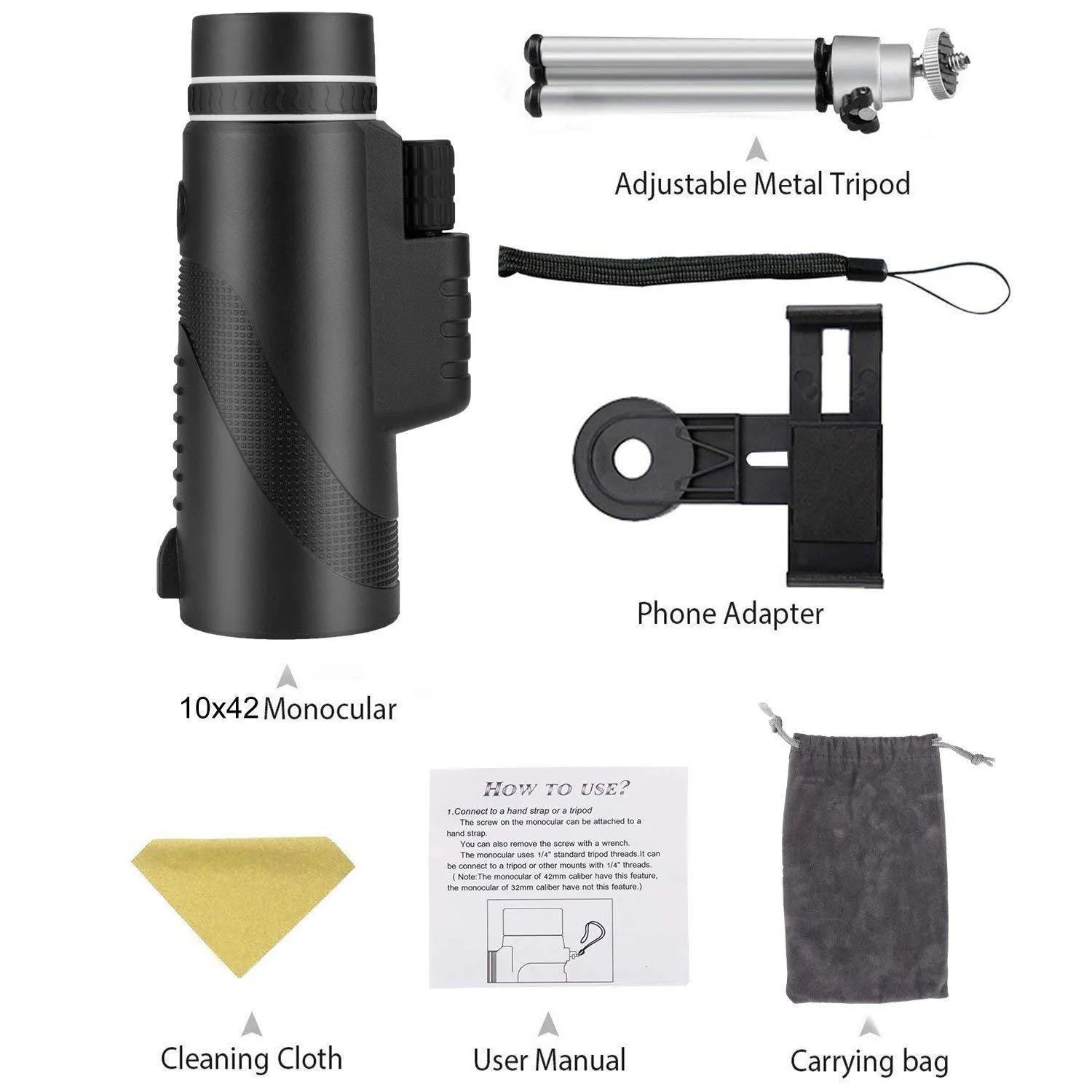 Black HD 40x60 cellphone telescope monocular with 40x magnification shown next to a smartphone.