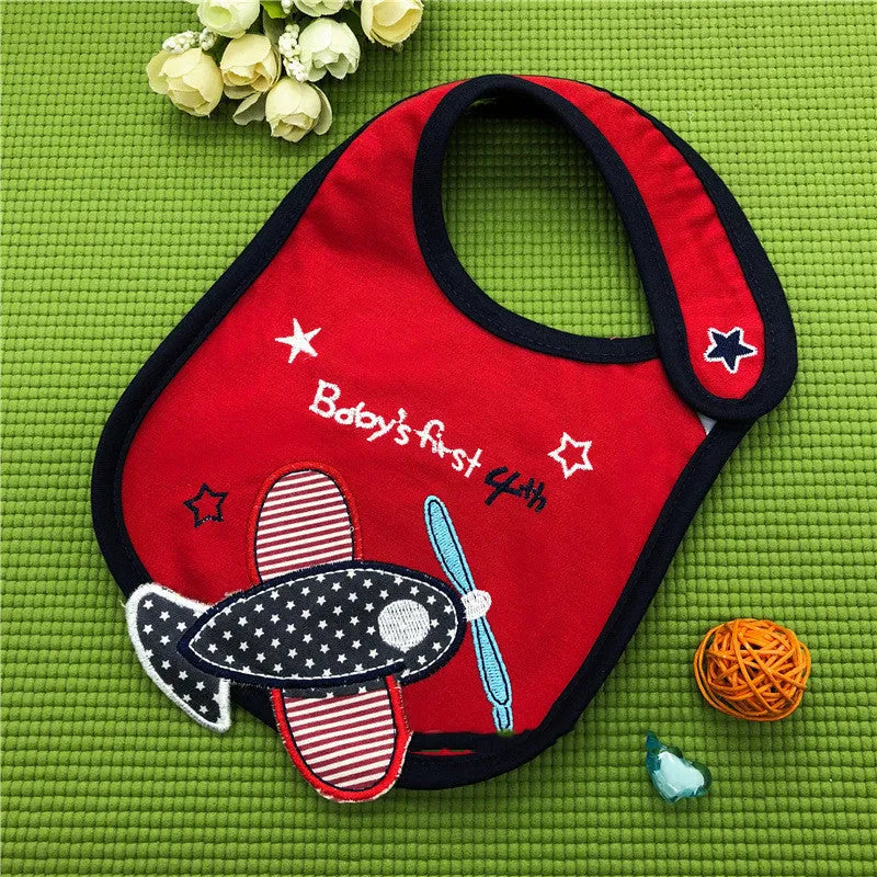 Three-layer waterproof polyester cotton baby bib with cartoon animal pattern in blue car design