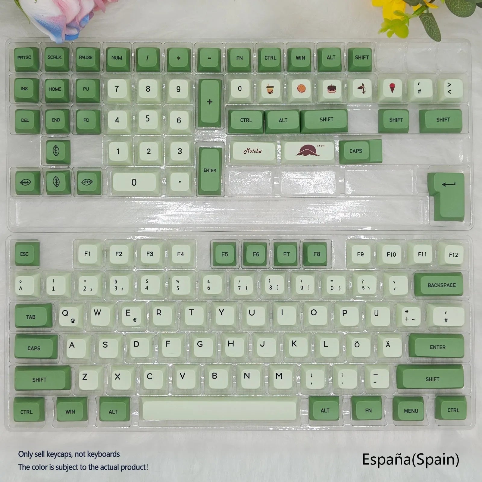 124-key matcha green PBT keycap set showing multiple international language layouts including Arabic and Korean.