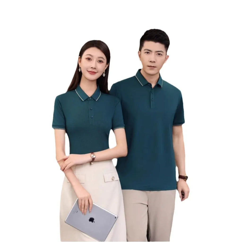 Men's summer polo shirt in polyester blend fabric with single collar lapel and short sleeves