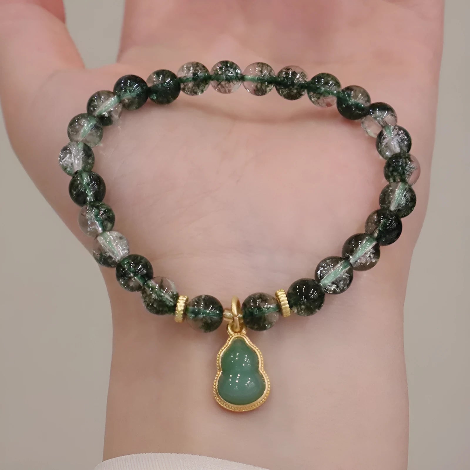 Women's citrine crystal bracelet with green ghost calabash heart pendant and pearl accents