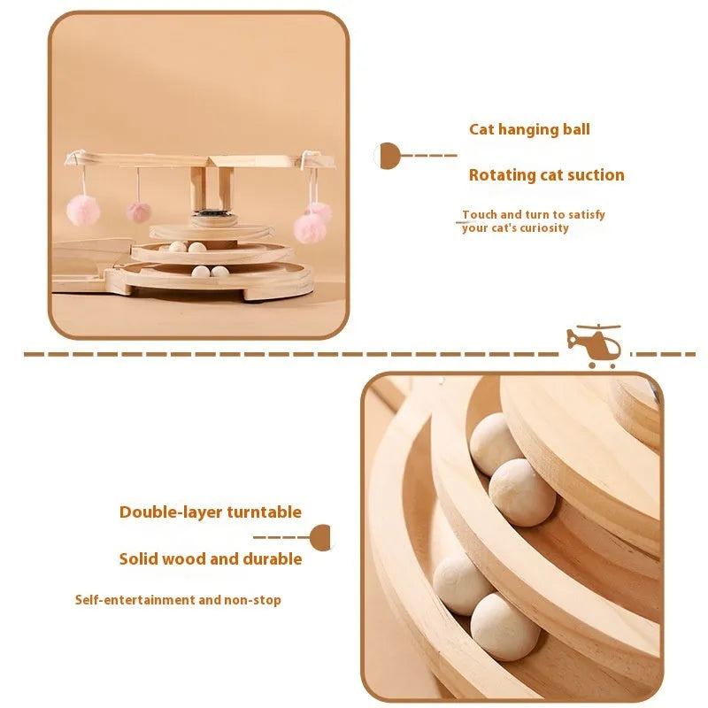 Solid wood cat scratch board toy with a rotating turntable and a ball, shown in a panda-themed design.