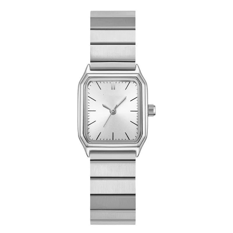 Women's square watch with yellow or white dial, 22mm by 25mm, waterproof with spiral crown and stainless steel clasp