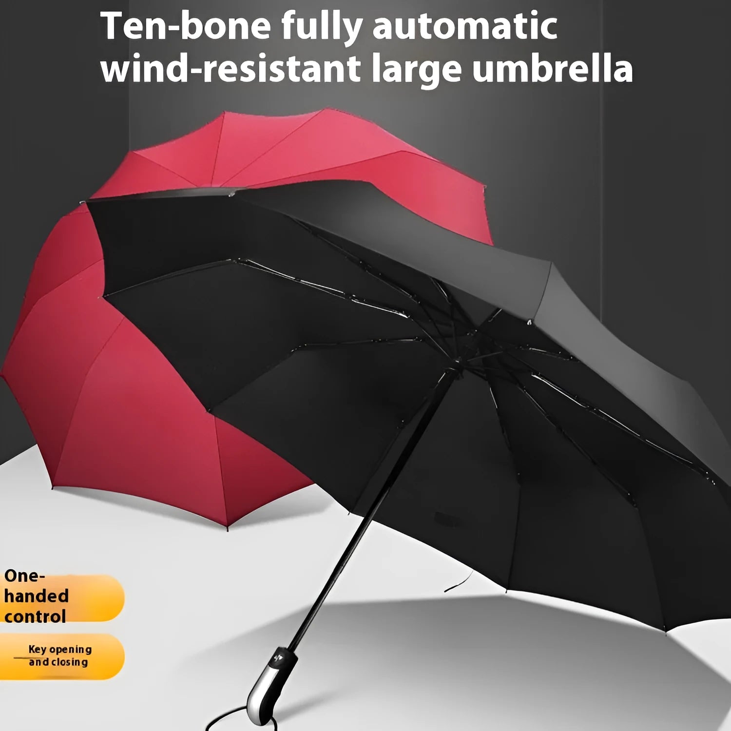 A black triple folding automatic palace style umbrella with a rubber handle, shown open.