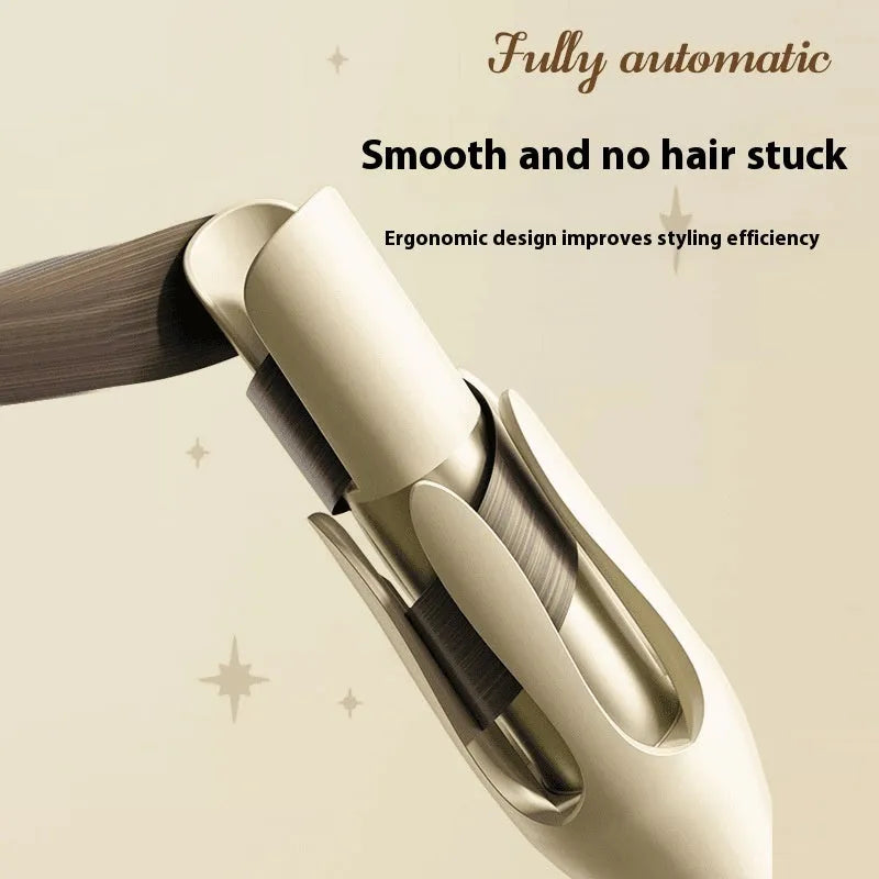 White and pink automatic hair curler with a rotating 32mm ceramic barrel and international plug adapters.