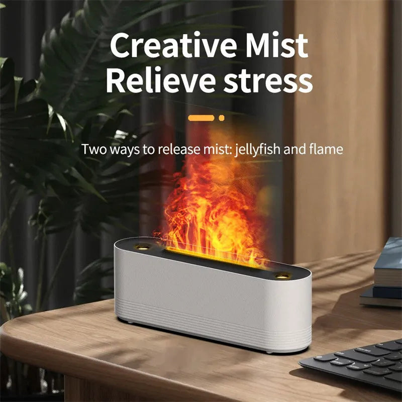 Flame air humidifier diffuser with LED lights showing flame effect, black colour, USB cable