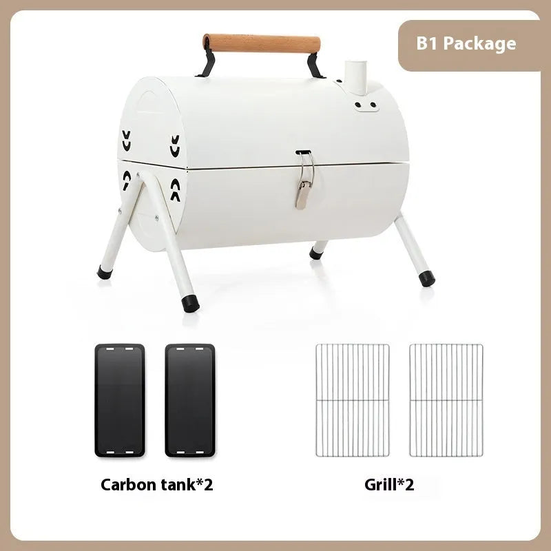 White portable charcoal grill with folding detachable design for outdoor frying and baking