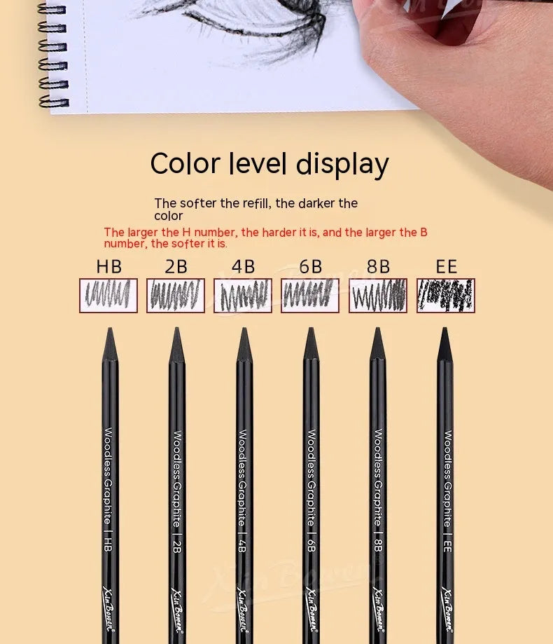 Set of six wood-free graphite sketching pencils in grades HB, 2B, 4B, 6B, 8B, and EE for art drawing.