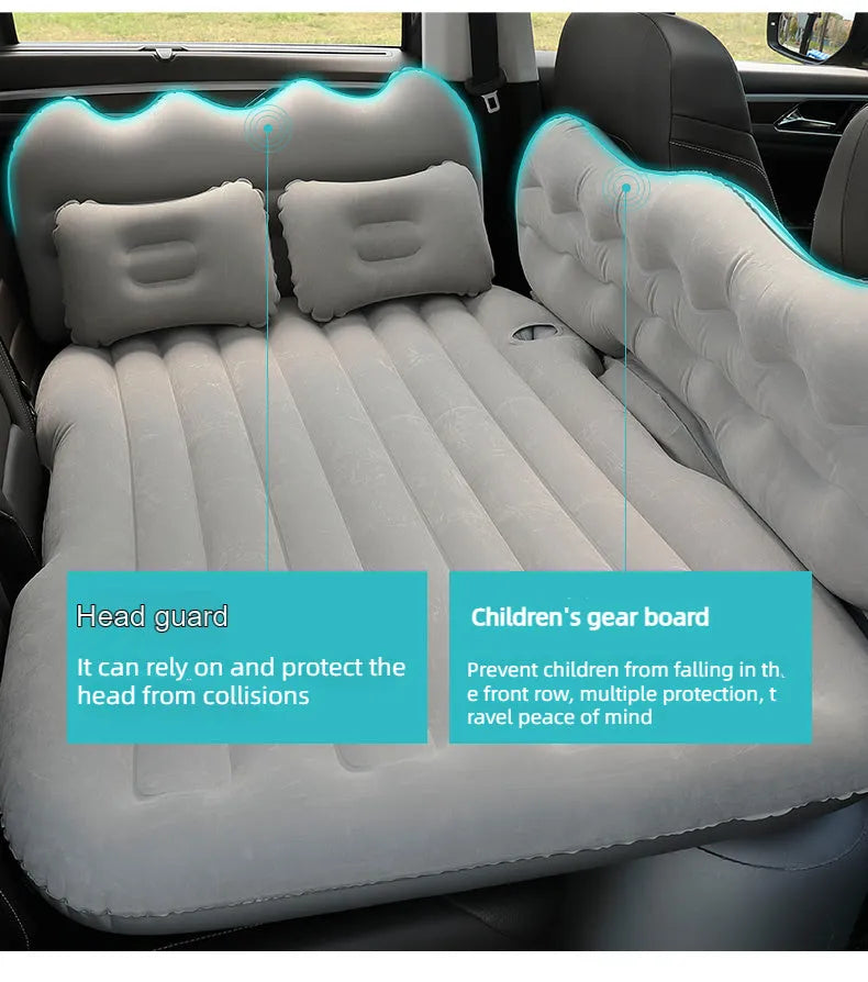 Inflatable car boot mattress with split design and grey flocked fabric, shown in an SUV rear.