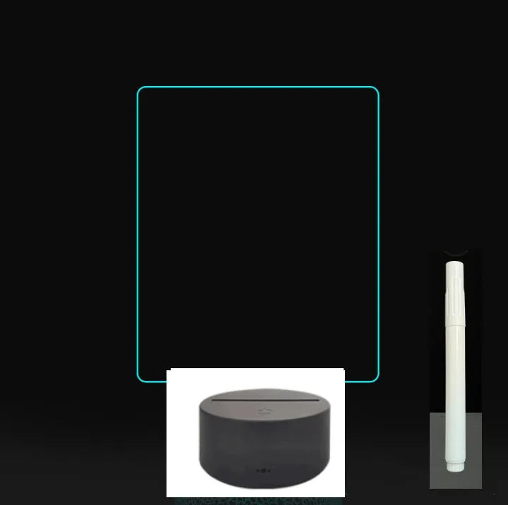 3D acrylic LED message board with touch control, black ABS base, USB cable, and stylus pen on desk
