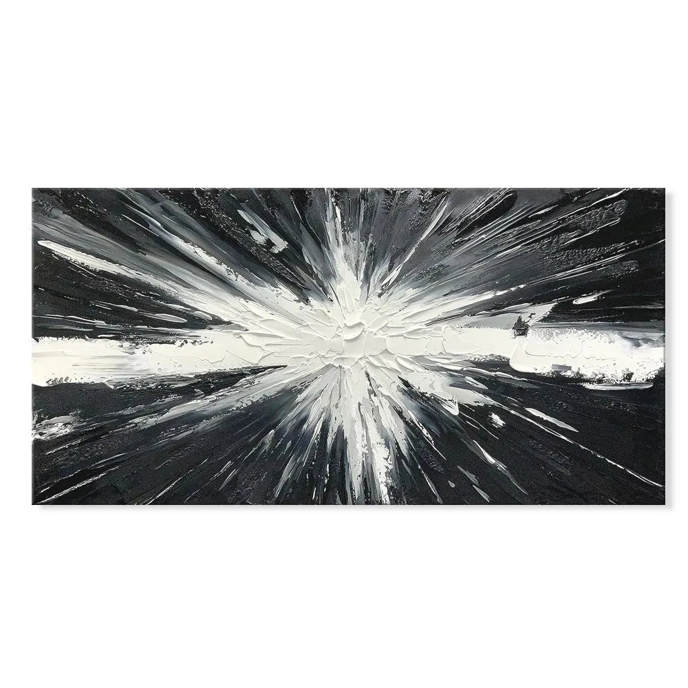 Modern horizontal hand-painted abstract oil painting on canvas in black and white texture for living room decor