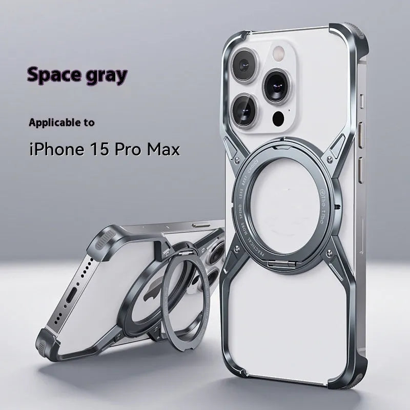 Rotary magnetic adhesive bracket hollow aluminium alloy phone case for iPhone 16 Pro Max in Deep Space Gray