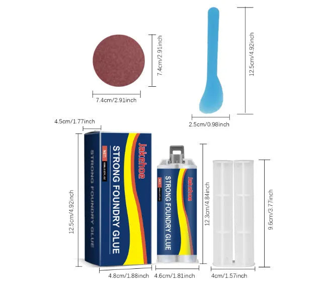 85ml epoxy metal sealant glue tube with push rod, scraper, and sandpaper for stainless steel and copper repairs.