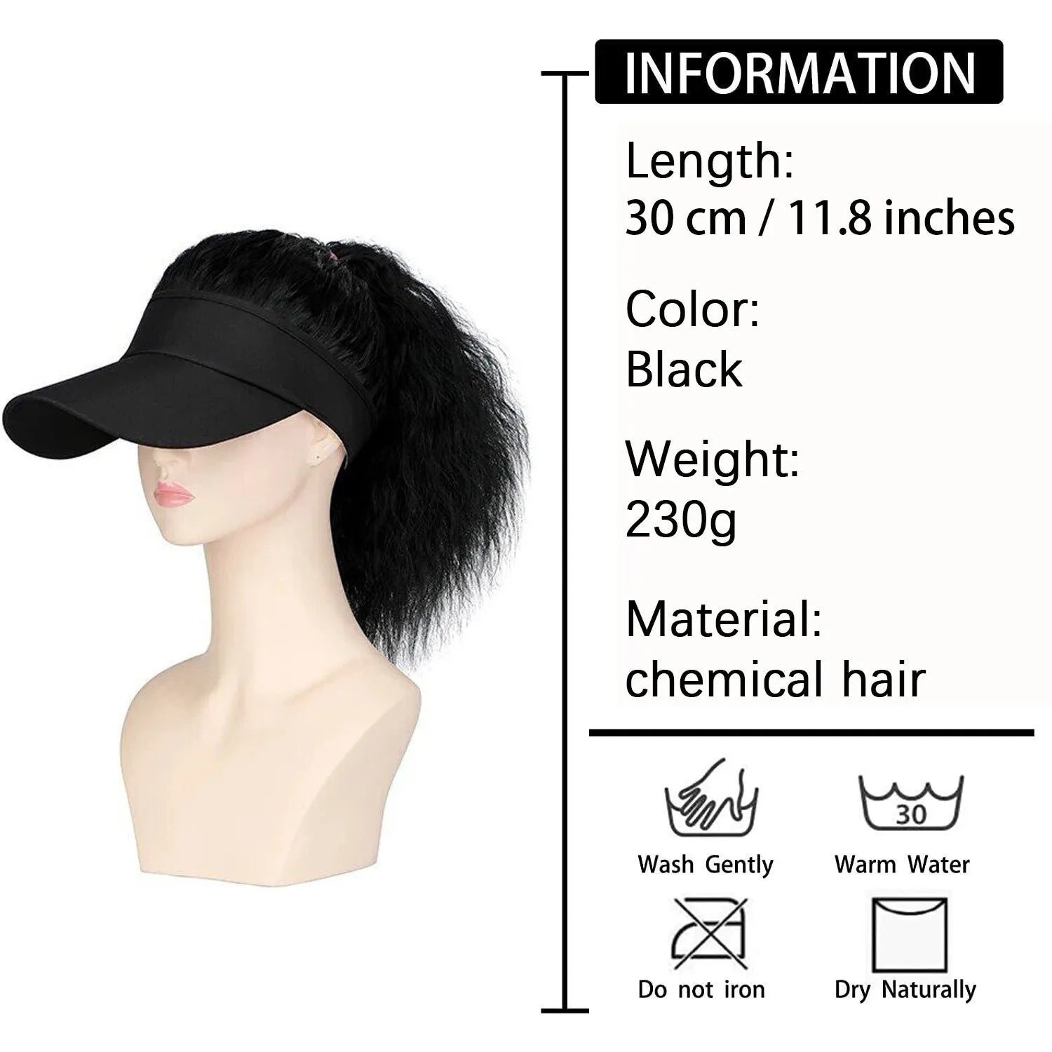 Women's short hooded wig with horse tail waves in domestic silk hair on a display stand.