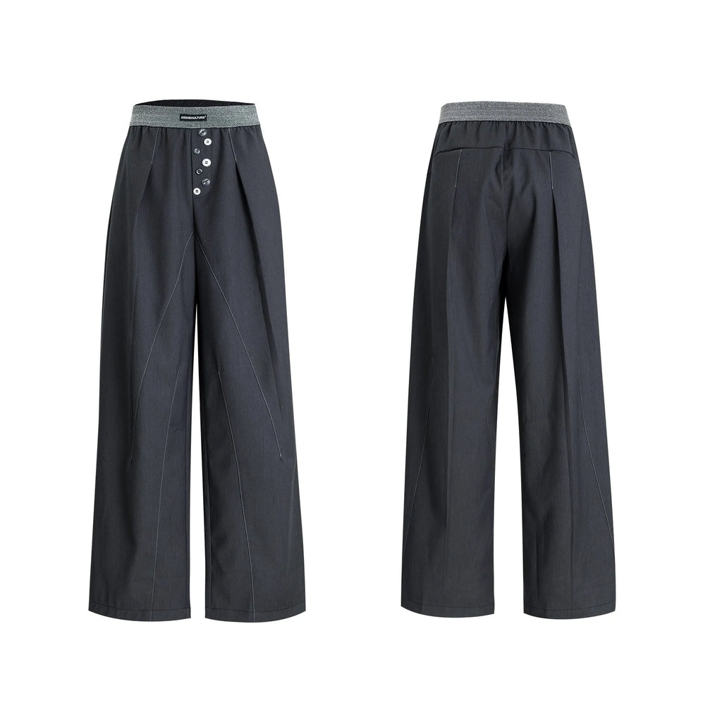 Straight-leg trousers with button-open seam design in black or grey polyester-cotton blend
