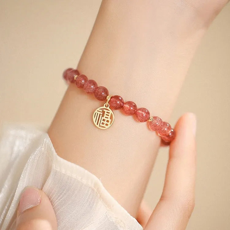 Handmade strawberry quartz glass bracelet in New Chinese style with adjustable universal wrist size