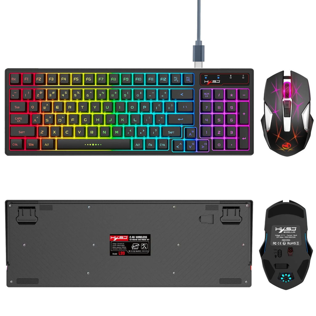 L99 wireless rechargeable 2.4G keyboard and mouse set with RGB lighting, 96 keys, and Type-C charging cable