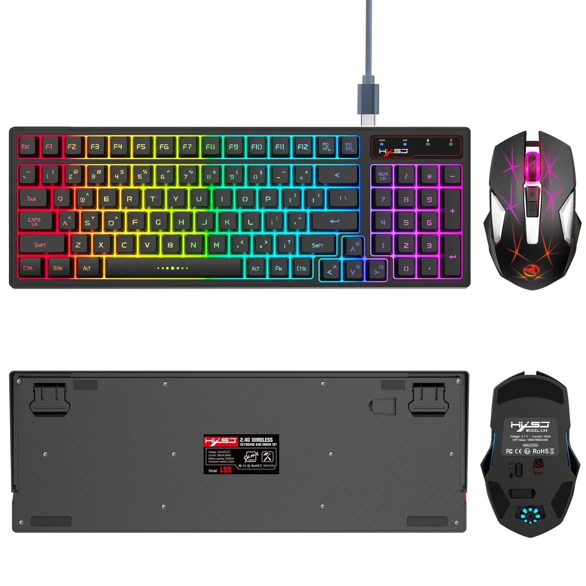L99 wireless rechargeable 2.4G keyboard and mouse set with RGB lighting, 96 keys, and Type-C charging cable