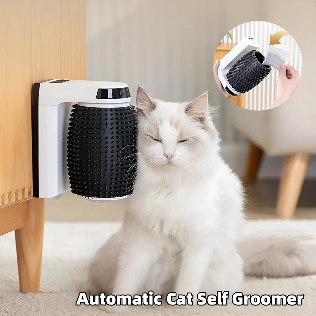White automatic cat self groomer wall corner brush with USB cable and soft bristles