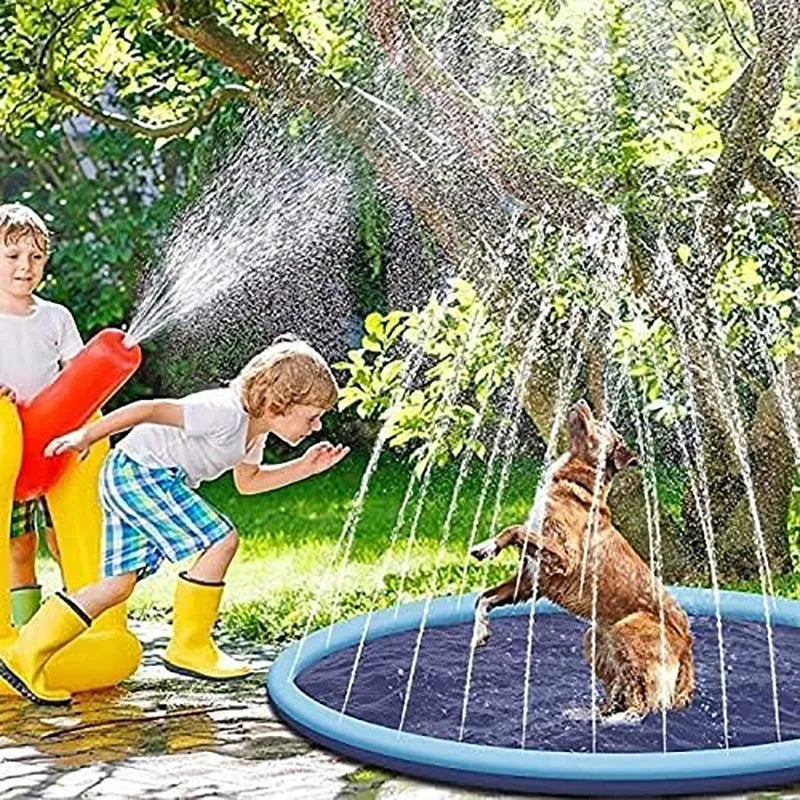 Anti-slip dog sprinkler mat showing textured surface for outdoor water play in garden setting