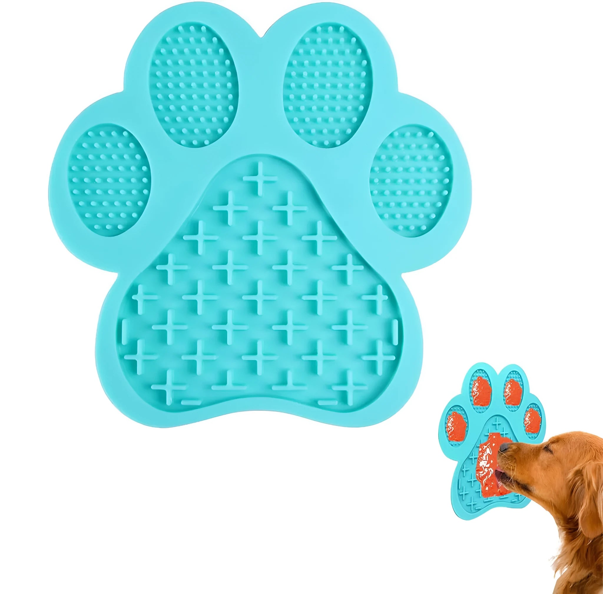Blue bone-shaped silicone dog licking mat with suction cups on a tiled shower wall.