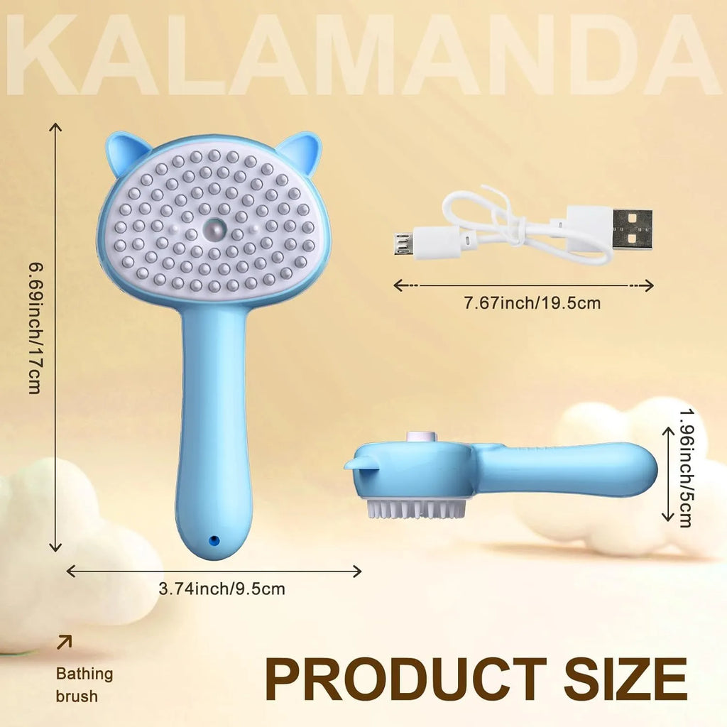 Blue cat steam brush with ergonomic handle and soft rubber comb teeth for pet grooming